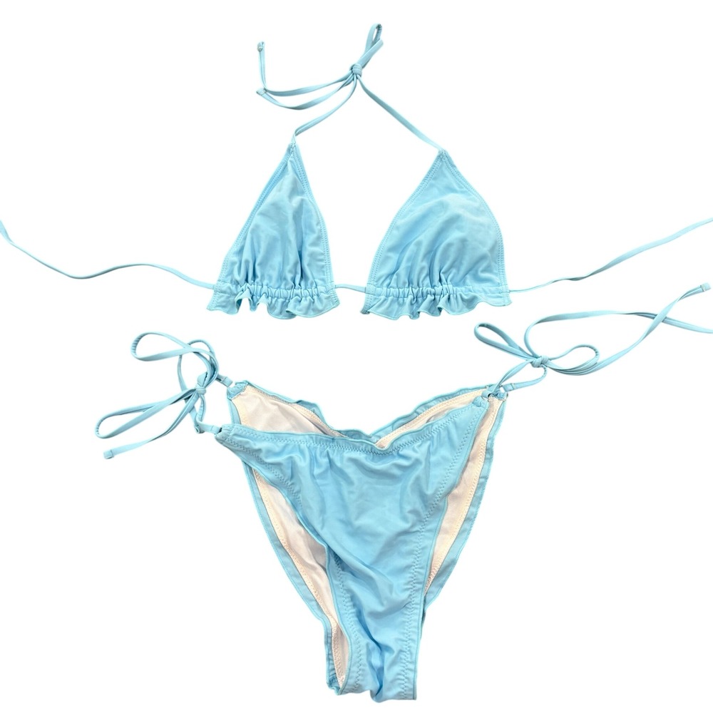 NWOT Light Blue Ruffle Triangle String Bikini‎ Back Side Tie Swimsuit Medium